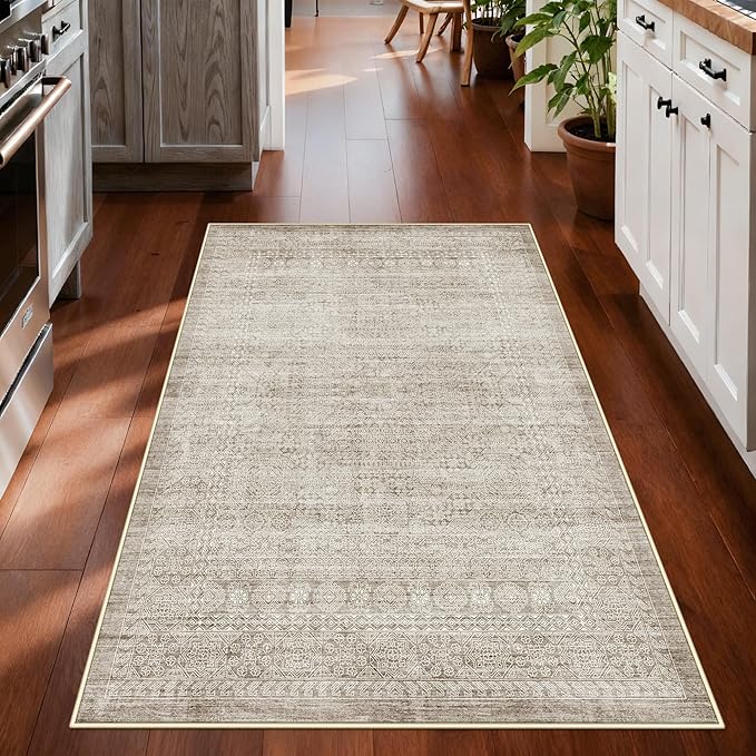 Washable 3x4 Entryway Area Rugs: Abstract Water-Resistant Kitchen Rug Indoor Low Pile Nursery Room Carpet Anti-Slip Netural Bathroom Runner Rug Small Soft Beside Floor Mat for Bedroom(3x4,Beige/ivory)