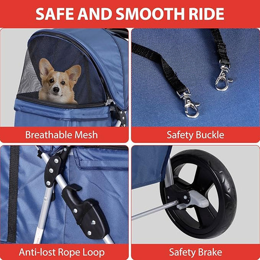 4 Wheels Dog Stroller Folding Pet Strolling Cart for Small Medium Cats Puppies Portable Jogger Travel Camping Puppy Carrier with Storage Basket Cup Holder, Navy Blue