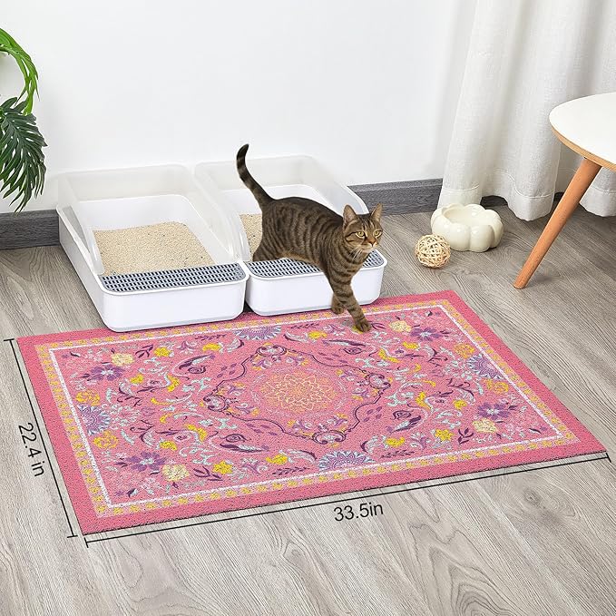 Glittme Cat Litter Mat with Non-Slip Bottom Litter Box Mat 33"X22" Litter Trapping Mat Easy to Clean Washable Cat Food Mat for Kitty,L