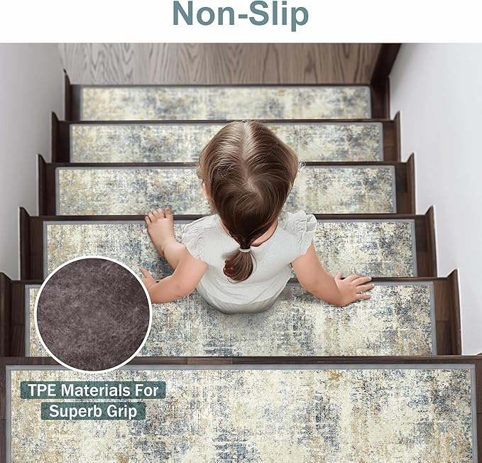 Carpet Stair Treads Non Slip 15PCS, 8" X 30" Edging Stair Runner for Wooden Steps Indoor, Resistant Stair Rugs with Reusable TPE Adhesive Backing, Residue Mat for Elders, Pets, Ivory/Denim