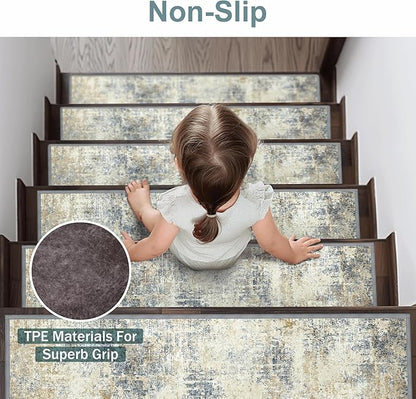 Carpet Stair Treads Non Slip 15PCS, 8" X 30" Edging Stair Runner for Wooden Steps Indoor, Resistant Stair Rugs with Reusable TPE Adhesive Backing, Residue Mat for Elders, Pets, Ivory/Denim