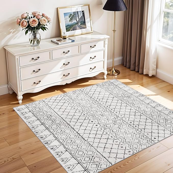 Moroccan Square 4x4 Washable Rug: Non-Slip Area Rugs for Bedroom Living Room Dining Room - Low Pile Easy Clean Geometric Print Carpet - Modern Boho Floor Mat for Family with Pets 4x4 Geo Grey