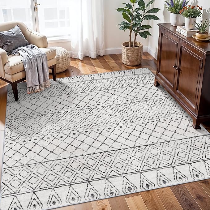 Washable 5x5 Rug Square Moroccan: Non-Slip Soft Indoor Throw Large Carpet - Low Pile Farmhouse Floor Mat for Living Room Bedroom Dining Room - Rugs for Young Families Home 5x5 Geo Grey