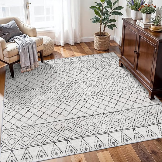 Washable 5x5 Rug Square Moroccan: Non-Slip Soft Indoor Throw Large Carpet - Low Pile Farmhouse Floor Mat for Living Room Bedroom Dining Room - Rugs for Young Families Home 5x5 Geo Grey