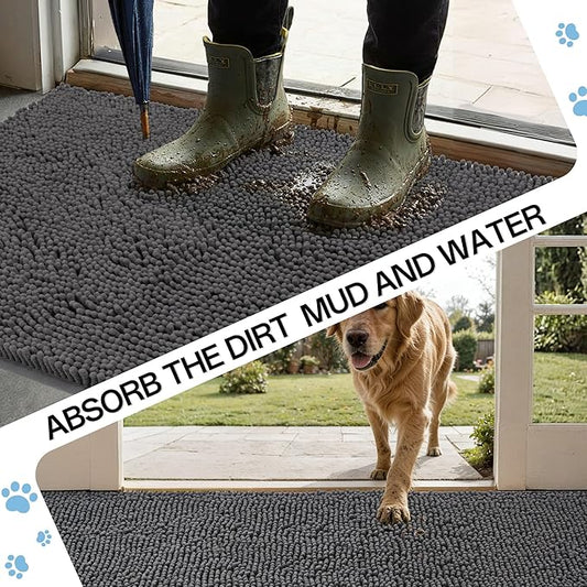 Amyracel Dirt Trapping Door Mat, 24" x 72" Large Absorbent Dog Door Mat for Muddy Paws, Quick Dry Non Slip Chenille Mud Mat for Dogs, Machine Washable Entry Indoor Entryway Rug for Inside Floor