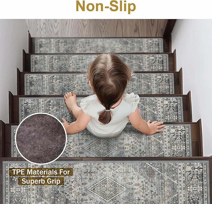 Non Slip Stair Treads for Wooden Steps 15PCS - 8"x30" Indoor Safety Carpet, Edging Mats with TPE Adhesive Backing, Pet and Elderly Friendly Stair Rugs (Charcoal&Gray)