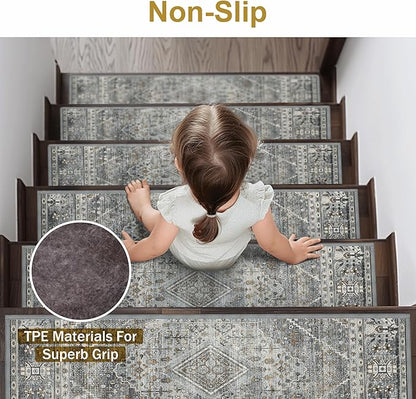 Non Slip Stair Treads for Wooden Steps 15PCS - 8"x30" Indoor Safety Carpet, Edging Mats with TPE Adhesive Backing, Pet and Elderly Friendly Stair Rugs (Charcoal&Gray)