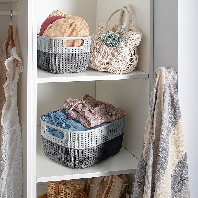Simplify 2 Pack 2 Tone Sailor Knot Plastic Storage Tote | Decorative Basket | Closet Organization | De-clutter | Accessories | Toys | Bathroom Organization | Medium | Grey/Grey