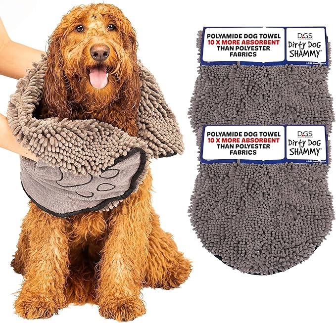 Dog Gone Smart The Dirty Dog Shammy - 2-Pack, Fast Drying Plush Shammy Towel with Dual Hand Pockets and Elastic - Super Absorbent Microfiber and Machine Washable - 31×13 in, Grey