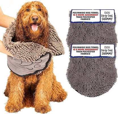 Dog Gone Smart The Dirty Dog Shammy - 2-Pack, Fast Drying Plush Shammy Towel with Dual Hand Pockets and Elastic - Super Absorbent Microfiber and Machine Washable - 31×13 in, Grey