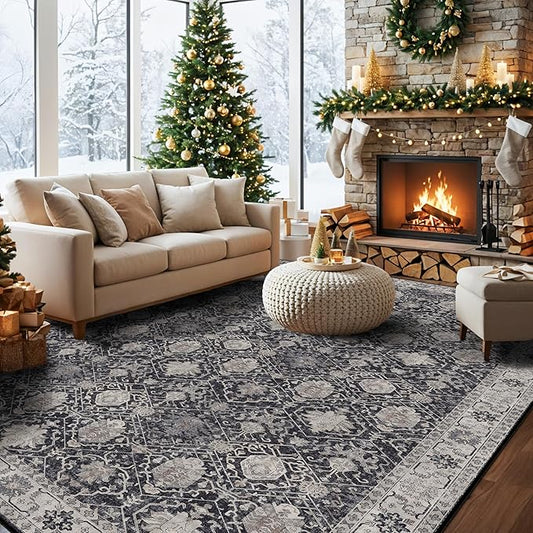 Washable Large 9x12 Area Rug: Indoor Oriental Living Room Carpet with Non Slip Backing Ultra Soft Low Pile Rugs for Bedroom Dining Room Distressed Stain Resistant Thin Floor Mat (9x12 Black)