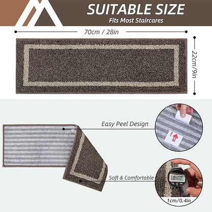 COSY HOMEER Soft Stair Treads Non-Slip Carpet Mat 28inX9in Indoor Stair Runners for Wooden Steps,Stair Rugs for Kids and Dogs, 100% Polyester TPE Backing 7pcs,Brown,Square