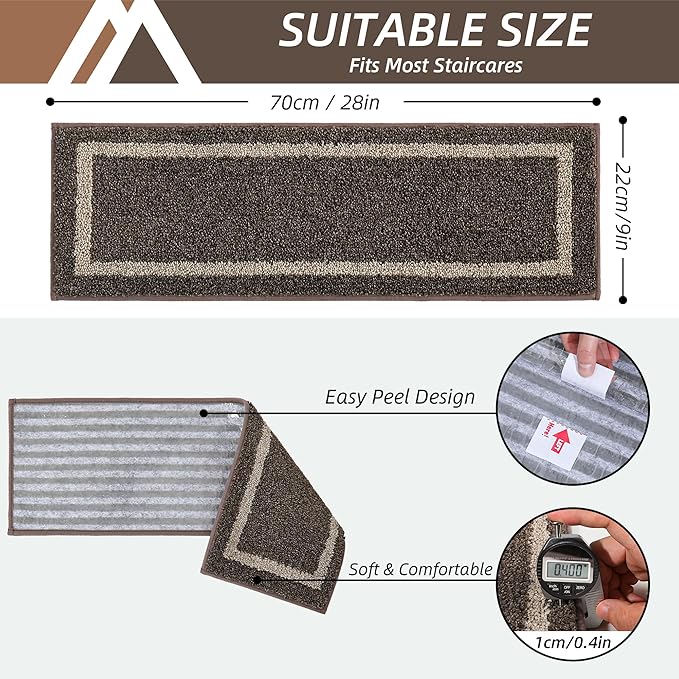 COSY HOMEER Soft Stair Treads 15pcs Non-Slip Carpet Mat 28inX9in Indoor Stair Runners for Wooden Steps,Stair Rugs for Kids and Dogs, 100% Polyester TPE Backing Brown,Square