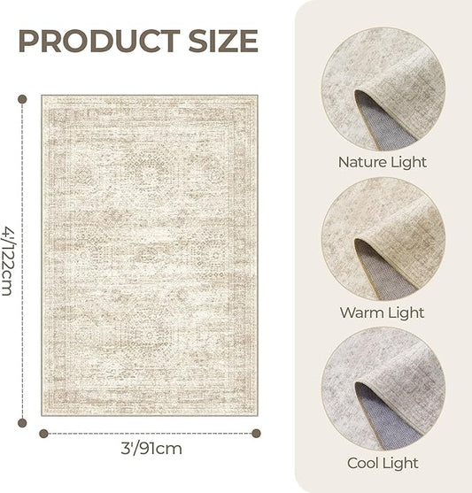 3x4 Washable Area Rug for Entryway, Soft Kitchen Rugs Non Slip for Dining Room, Vintage Abstract Living Room Rug, Thin Area Rugs Indoor for Bedroom, Kids Room Decor(3'x4', Beige/Ivory)