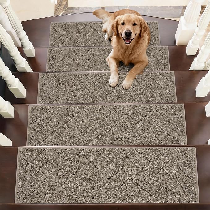BEQHAUSE Edging Stair Treads for Wooden Steps 9" x 28", Non Slip Carpet Stair Treads Indoor Stair Runners, Soft Stair Rugs, Machine Washable, 100% Polyester, TPE Backing, 15pcs, Beige