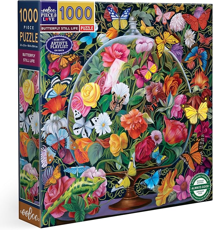 eeBoo 1000 Piece Puzzle - Butterfly Still Life Jigsaw Puzzle for Adults, Square 23" x 23" Made with Recycled Board & Vegetable-Based Ink