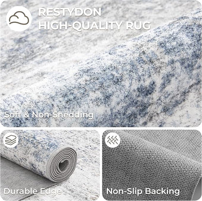 Rug Runners for Hallways Non Slip - 2x8 Runner Rug for Bedroom, Washable Runner with Rubber Backing, Soft Low-Pile Carpet for Kitchen, Laundry, Bathroom (2'x8', Blue/Brown/Ivory)