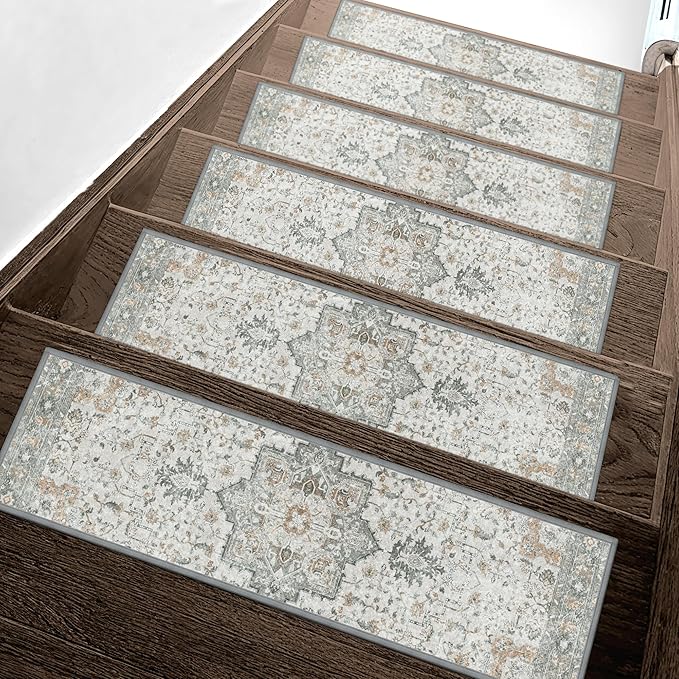 Non Slip Stair Treads for Wooden Steps 15PCS - 9"x30" Indoor Safety Carpet, Edging Mats with TPE Adhesive Backing, Pet and Elderly Friendly Stair Rugs (Taupe)
