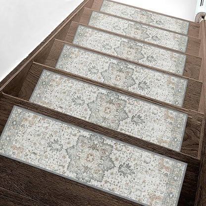 Non Slip Stair Treads for Wooden Steps 15PCS - 9"x30" Indoor Safety Carpet, Edging Mats with TPE Adhesive Backing, Pet and Elderly Friendly Stair Rugs (Taupe)