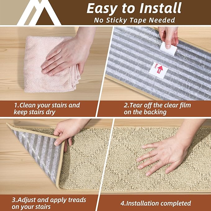 COSY HOMEER Stair Treads for Wooden Steps 9"x28",Washable Non Slip Carpet Stair Treads with Reusable Residue Free Backing Soft Peel and Stick Stair Runner Rugs for Kids Elders Pets,Warm Beige,15pcs