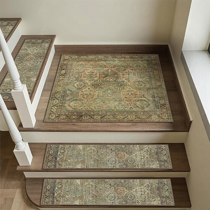 Carpet Stair Treads Non Slip 1PCS, 30" X 30"Edging Stair Runner for Wooden Steps Indoor, Resistant Stair Rugs with Reusable TPE Adhesive Backing, Residue Free Mat for Kids,Pets,Vintage Sage