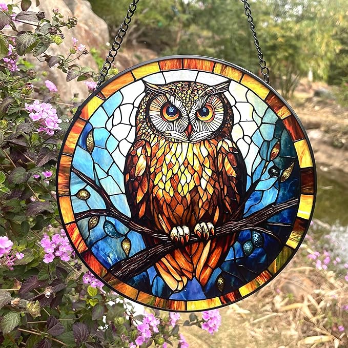 Owl Stained Glass Suncatcher,7.8-in Colorful Bird Window Hanging Ornament for Indoor & Outdoor Decor, Gift for Bird Lovers, Women, Mom, Grandma, Living Room, Garden, Porch, Housewarming