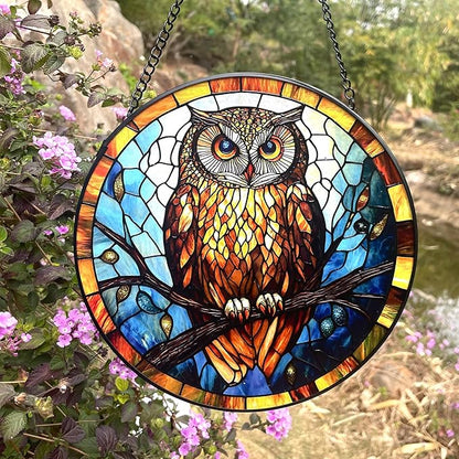 Owl Stained Glass Suncatcher,7.8-in Colorful Bird Window Hanging Ornament for Indoor & Outdoor Decor, Gift for Bird Lovers, Women, Mom, Grandma, Living Room, Garden, Porch, Housewarming