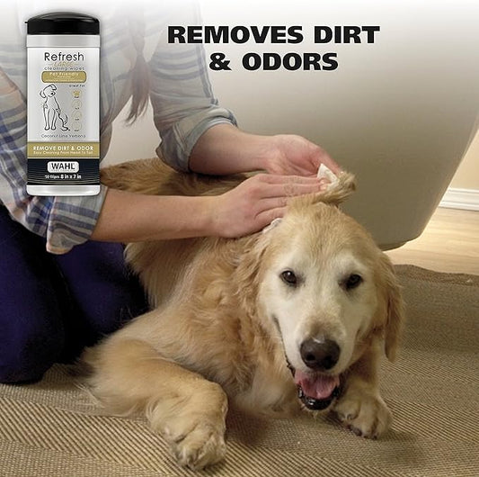 Wahl USA Pet Refresh Cleaning Wipes for All Dog Breeds - Use on Ears, Nose, Paws, Bottom, & Sensitive Areas - 50 Wipes - Model 820017A