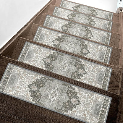 Non Slip Stair Treads for Wooden Steps 15PCS - 8"x30" Indoor Safety Carpet, Edging Mats with TPE Adhesive Backing, Pet and Elderly Friendly Stair Rugs (Tawny Grey)