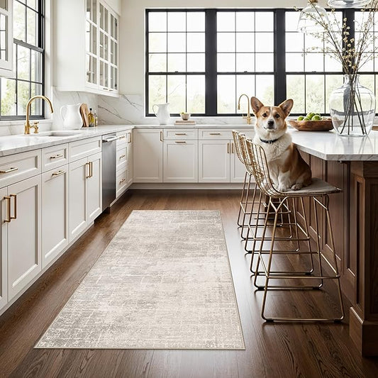 Washable 3x5 Kitchen Area Rug: Non-Slip Abstract Water-Resistant Entryway Doormat Soft Sink Fridge Bedroom Carpet Low Pile Stain-Resistant Bathroom Laundry Neutral Faded Floor Mat(3X5,Beige/Cream)