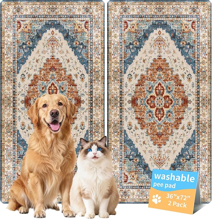 Washable Pee Pads for Dogs, Reusable Puppy Potty Training Pads, Ultra-Absorbent Thick Waterproof Leak-Proof Non-Slip Pads & Mat for Crate, Playpen, Floor, Whelping & Housebreaking , 2 Pack 36"x72"