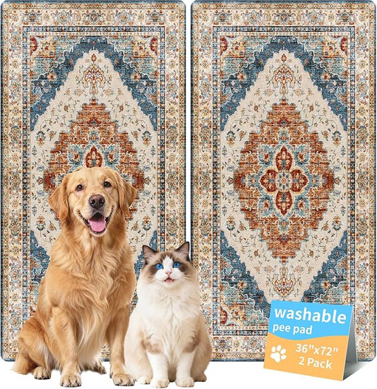 Washable Pee Pads for Dogs, Reusable Puppy Potty Training Pads, Ultra-Absorbent Thick Waterproof Leak-Proof Non-Slip Pads & Mat for Crate, Playpen, Floor, Whelping & Housebreaking , 2 Pack 36"x72"