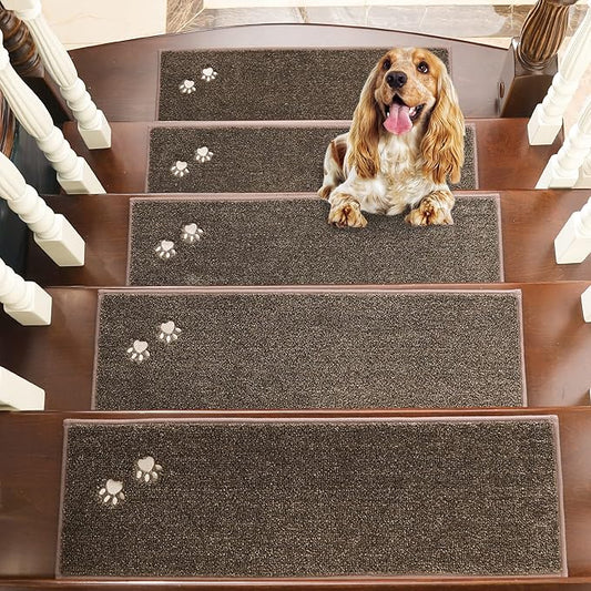 BEQHAUSE Stair Treads for Wooden Steps 28inX9in, Non Slip Carpet Stair Treads Indoor Stair Runners Machine Washable, Soft Stair Rugs Mat Surface Polyester TPE Backing, 4pcs, Brown