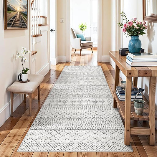 Rug Runners 2x8 for Hallway: Washable Moroccan Rugs Non Slip for Kitchen Entryway Bedroom - Soft Stain Resistant Easy Clean Mat for Family with Pets 2x8 Geo Grey