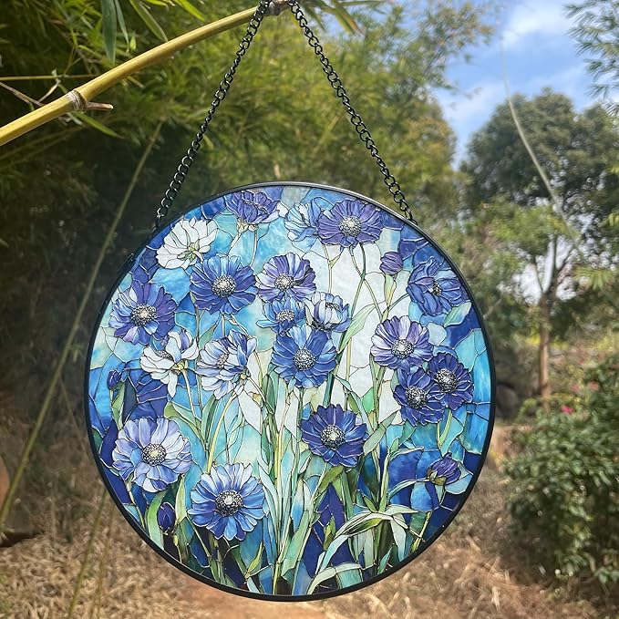 Cornflower Blue Suncatcher for Window and Garden - 7.8 in Handmade Stained Glass Suncatcher for Outdoor Decor, Rainbow Maker Gift for Mom, Housewarming, Birthday, Christmas - Home Decor