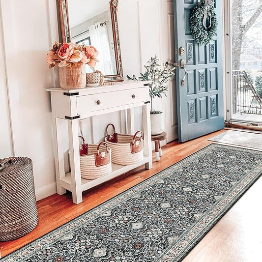 2x12 Non Slip Runners for Hallways: Washable Long Ultra Soft Kitchen Rug Vintage Floor Mat for Living Room Bedroom Accent Farmhouse Door Mat for College Dorm Stain Resistant Area Rug (Black, 2x12)