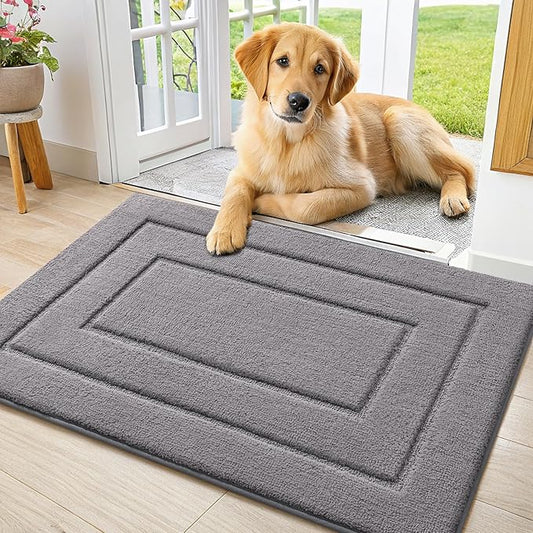 Smiry Dog Door Mat for Muddy Paws, Absorbs Moisture and Dirt, Low-Profile Entryway Mat with Non-Slip Backing, Entry Indoor Outdoor Doormat for Inside Floor (30x20 Inches, Grey, Bordered)