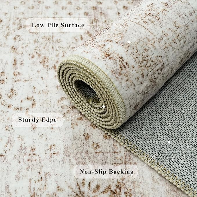 RUUGME Runner Rug 3x8 Washable - Hallway Rugs with Non Slip Backing Low Pile Stain Resistant Rug for Kitchen Bedroom Dining Room Soft Boho Vintage Thin Carpet Home Decor Floor Mat 3x8 Beige Brown