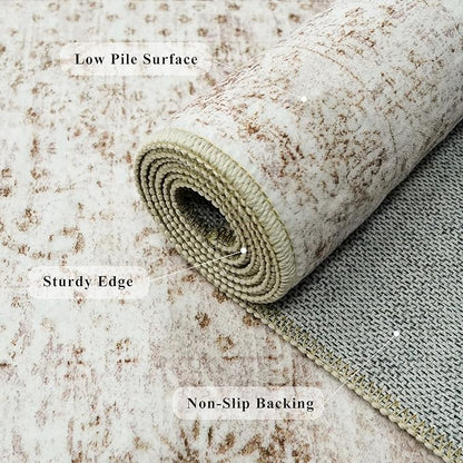 RUUGME Runner Rug 3x8 Washable - Hallway Rugs with Non Slip Backing Low Pile Stain Resistant Rug for Kitchen Bedroom Dining Room Soft Boho Vintage Thin Carpet Home Decor Floor Mat 3x8 Beige Brown