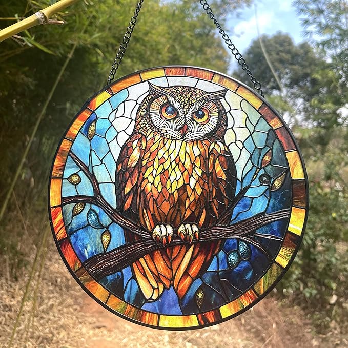 Owl Stained Glass Suncatcher,7.8-in Colorful Bird Window Hanging Ornament for Indoor & Outdoor Decor, Gift for Bird Lovers, Women, Mom, Grandma, Living Room, Garden, Porch, Housewarming