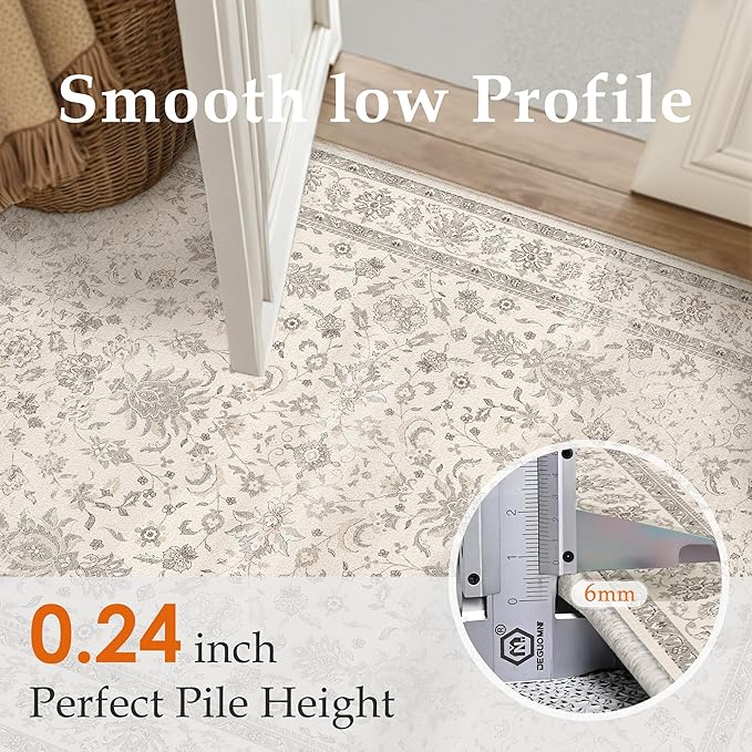 2x6 Runner Rug Beige Washable Hallway Vintage Carpet Kitchen Small Long Non Slip Stain Soft Resistant Low Pile Thin Boho Accent Indoor Throw Rug for Bedroom Laundry Living Room