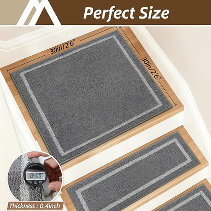 COSY HOMEER Stair Landing Rug 30x30 Inch, Non-Slip Square Landing Mat for Wood Steps Indoor, Washable Polyester with TPE Backing, Grey