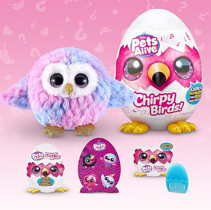 Pets Alive Chirpy Birds (OWL) by ZURU, Electronic Pet That Speaks, Giant Surprise Egg, Stickers, Comb, Fluffy Clay, Bird Animal Plush for Girls