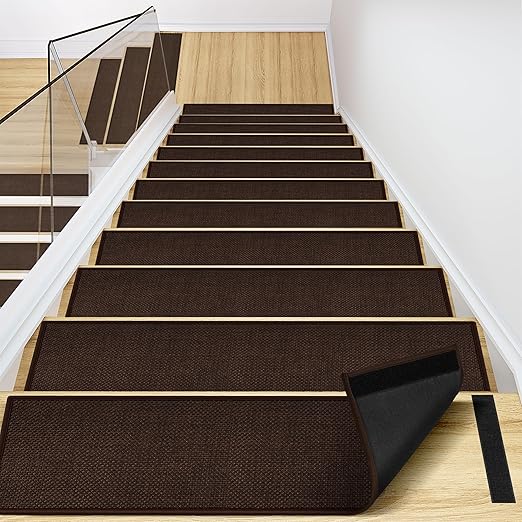 Peel and Stick Stair Treads with Rubber Backed Pack of 15, Jute Stair Rug Staircase Step Treads, Reusable Stair Pads Step Mats for Bare Feet, 30"x8", Deep Brown