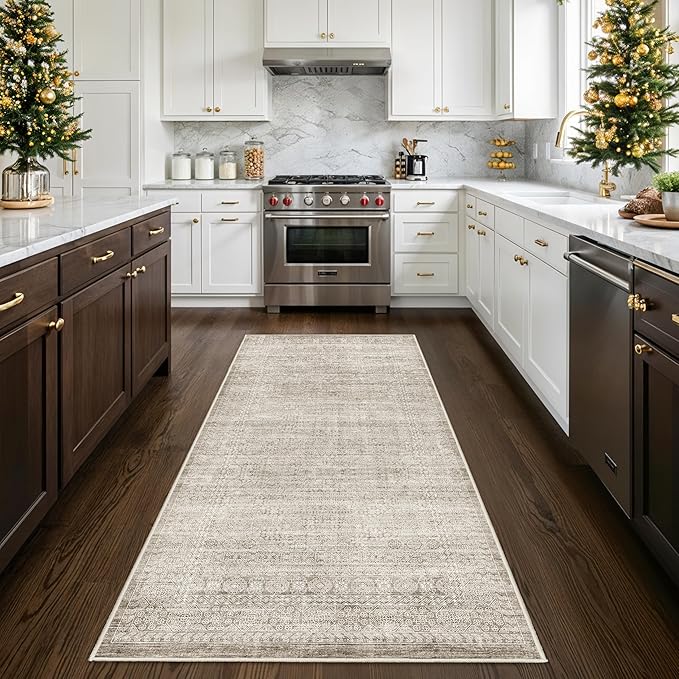 4x8 Washable Kitchen Area Rug: Farmhouse Stain-Resistant Abstract Rug for Living Room Bedroom Wide Soft Carpet for Entryway Dining Room Thin Hallway Floor Mat with Non Slip Backing(4x8,Beige/Ivory)