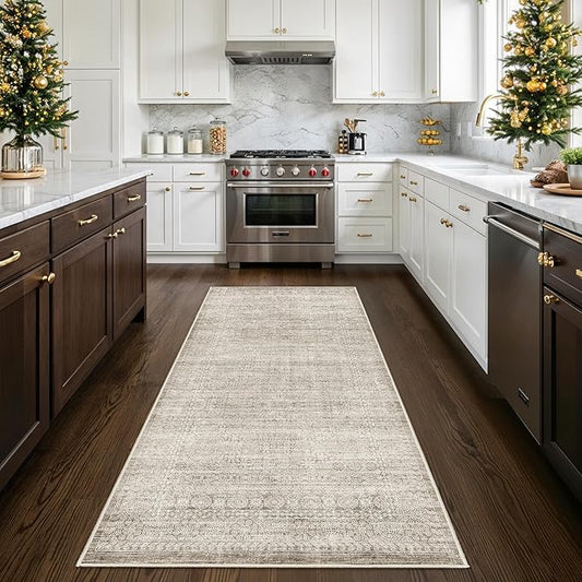 4x8 Washable Kitchen Area Rug: Farmhouse Stain-Resistant Abstract Rug for Living Room Bedroom Wide Soft Carpet for Entryway Dining Room Thin Hallway Floor Mat with Non Slip Backing(4x8,Beige/Ivory)