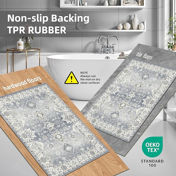 4 Pieces Kitchen Rug Set: Washable Farmhouse Non-Slip Kitchen Sink Floor Mats Easy Clean Water-Resistant Runners for Hallway Bathroom Soft Decorative Carpet for Pet Feeding Area(2x3+2x4+2x5+2x6,Grey)