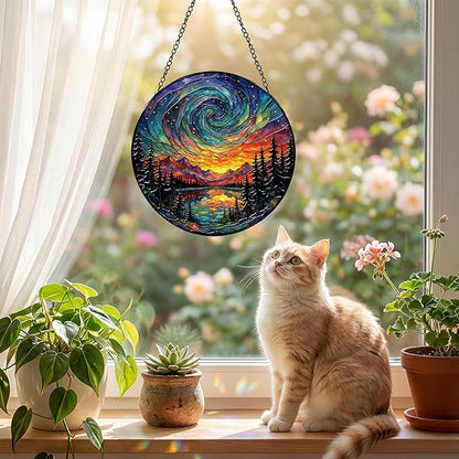 Sanwarm Stained Glass Window Hanging, Galaxy Sky Mountain Suncatcher Window Decor for Indoor Home Sun Catcher Ornament, Mother’s Day & Birthday Gift for Women, Men, Mom & Nana, 7.8 in
