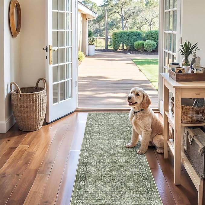 Washable 2x6 Runner Rug for Kitchen: Easy-Clean Carpet with Non-Slip Backing for Bedroom Entryway Stain-Resistant Shedding-Free Floor Mat – Perfect for High-Traffic Areas with Pets (Green,2x6)