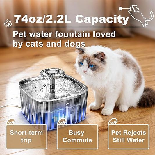 Cat Water Fountain Stainless Steel:77oz/2.2L water fountains for cats indoor - cat water fountain for Drinking -Automatic Cat Watering Bowl Dispenser -Pet Water Fountain Inside with Flower Kitty Spout
